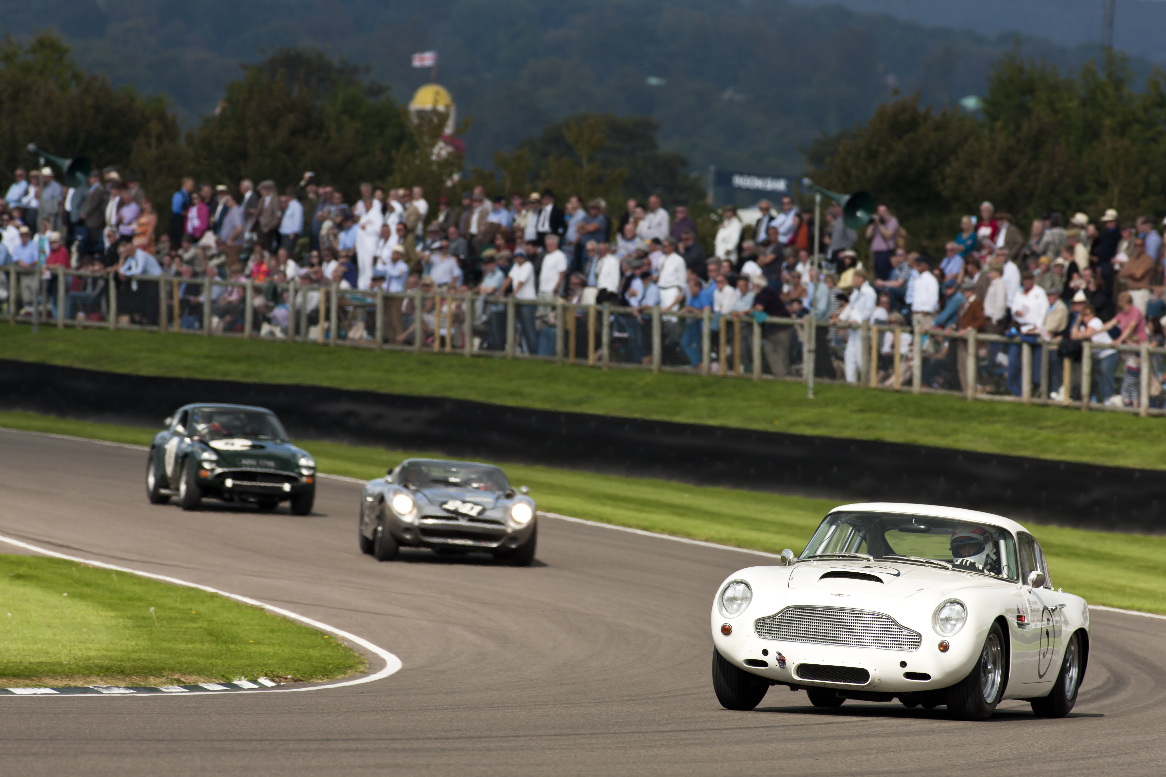 The 1 Hour RAC TT race includes a driver's swap with a celebrity racer. The Aston DB4 GT was surrounded bt Ferraris, Cobras and the most exotic race cars.