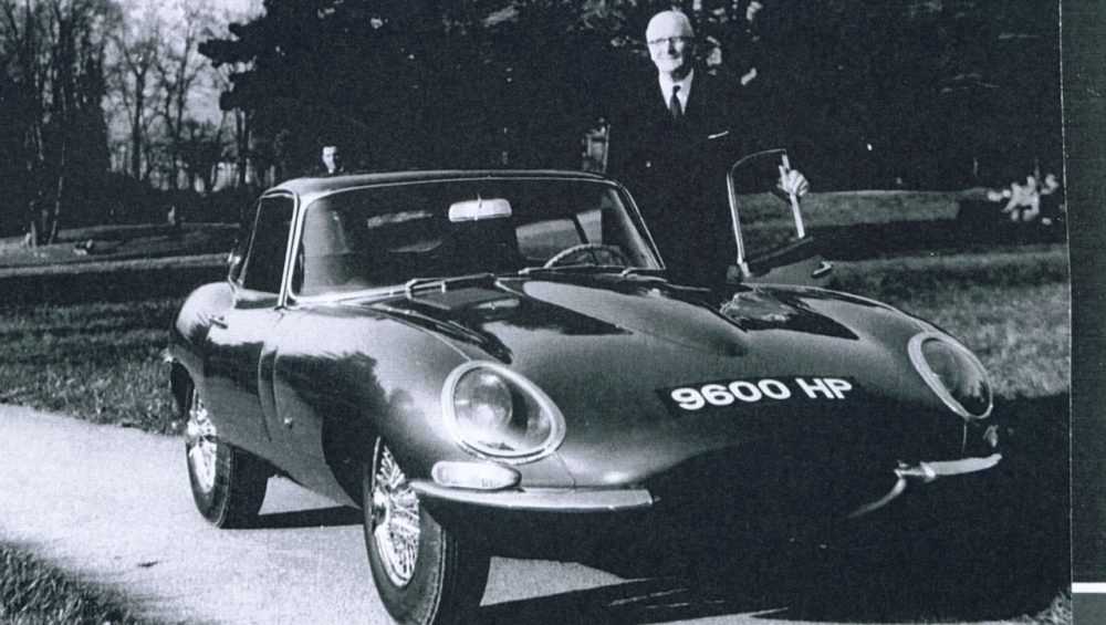 1961 Jaguar E-Type FHC 885002 9600HP Restaurant du Parc des Eaux Vives with Sir William Lyons
